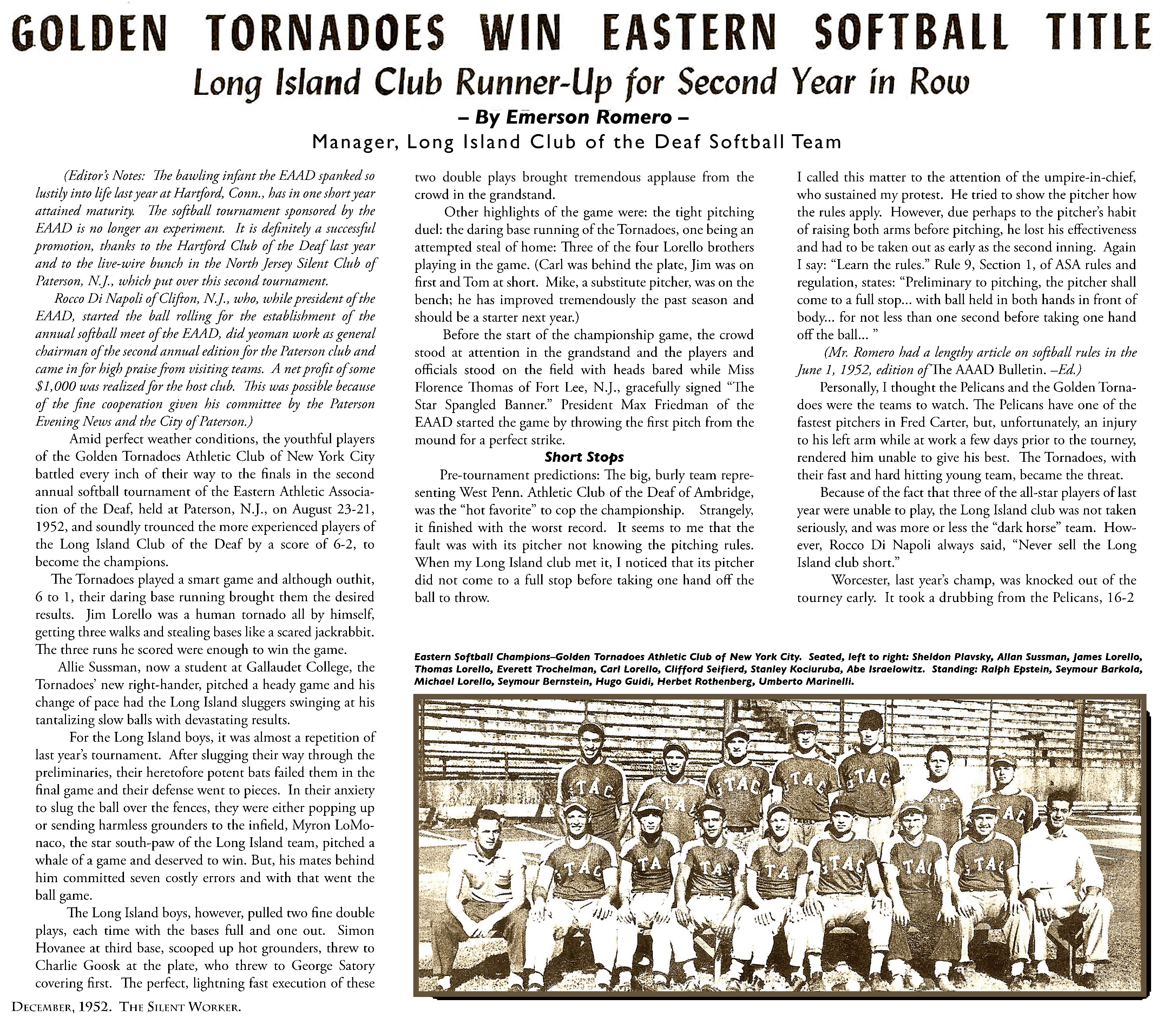 1952 – Article about Softball, December 1952